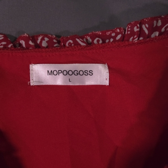 Mopogoss Chiffon Ruffle Dress Size Large Red and White Leopard Print Long Sleeve - Picture 4 of 13